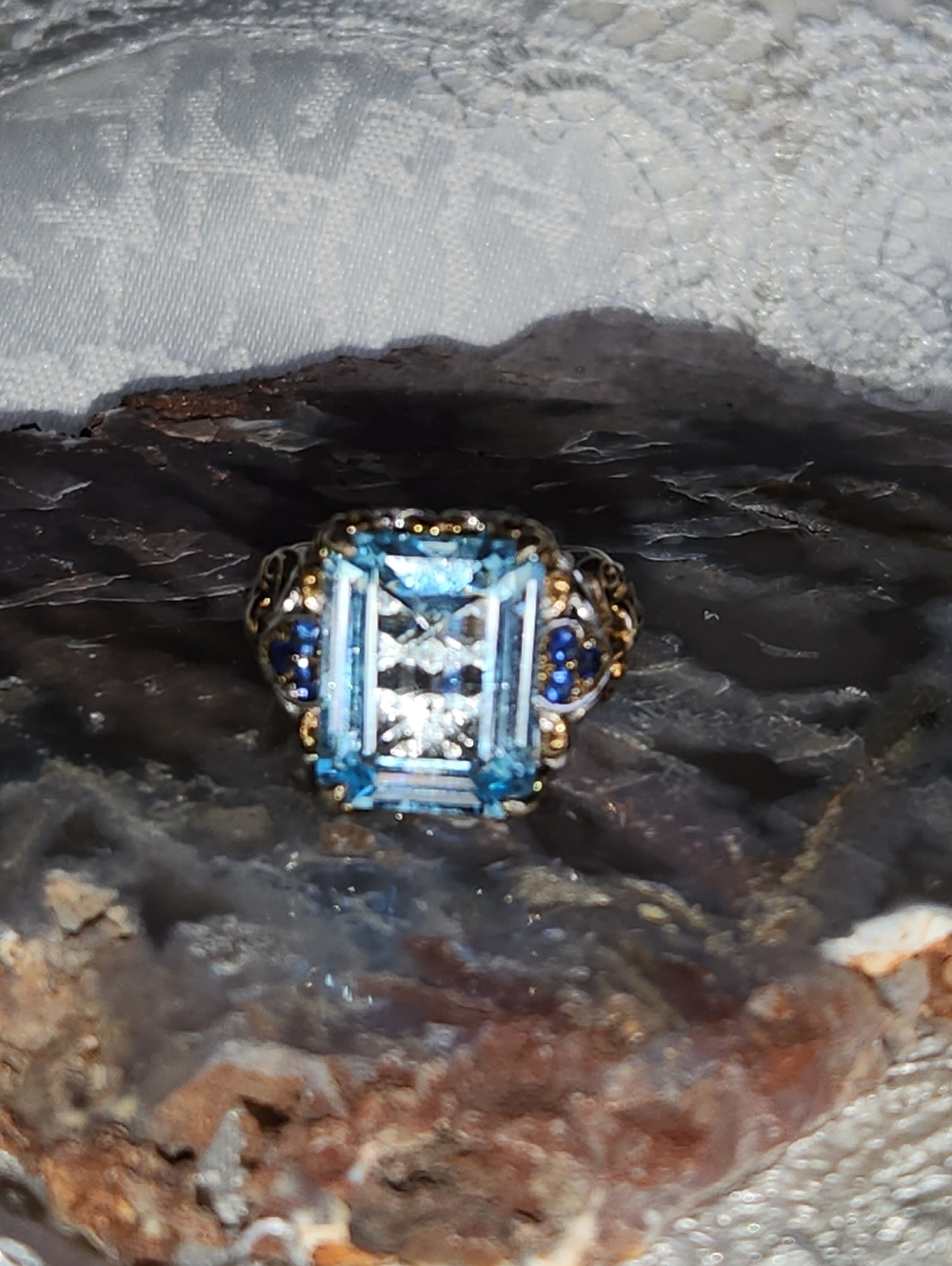 925 & 14kt Palladium Blue Topaz & Blue Sapphire Ring